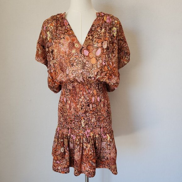 A.L.C. Carly Floral Silk Smocked Mini Dress Cap Sleeve Multicolor Chiffon - Picture 2 of 16